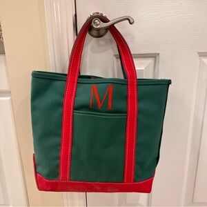 Vtg L.L. Bean Boat & Tote Bag Green & Red Canvas USA Reusable